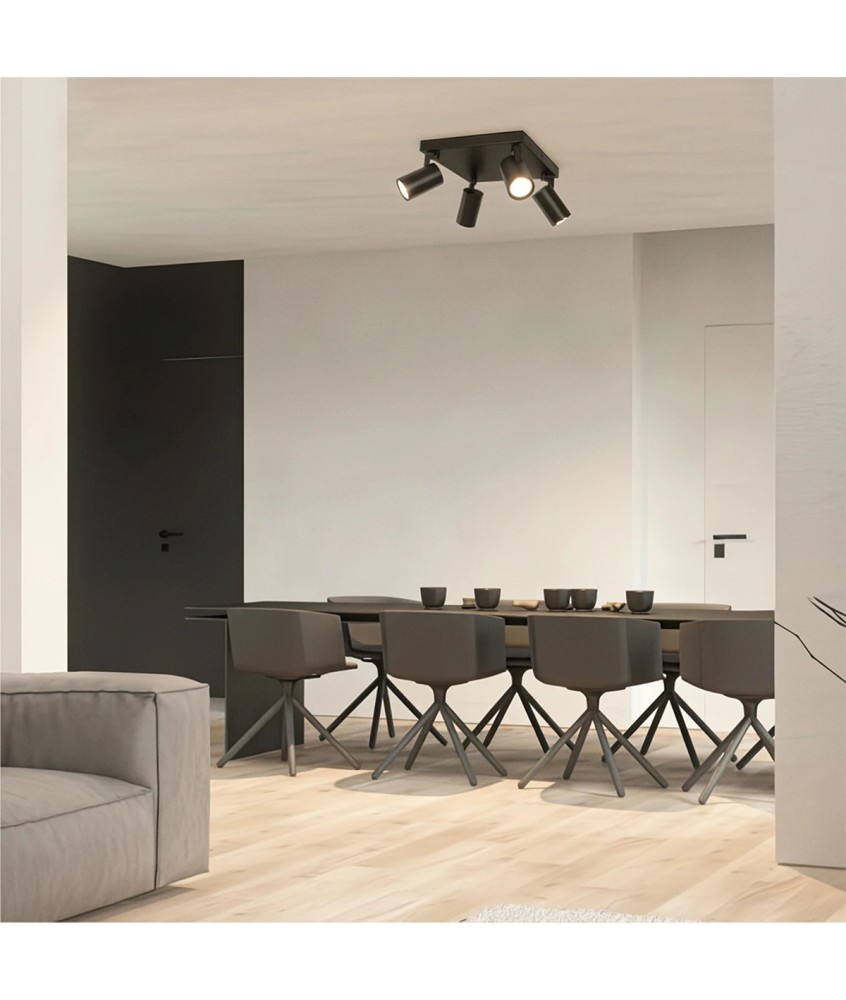 kelvo® SPOTA KLV-101-0146 Κινούμενο Φωτιστικό Σποτ Οροφής για 4 Λάμπες MR16 με Ντουί GU10 AC 220-240V IP20 - Μαύρο Ματ - Μ26 x Π26 x Υ14cm